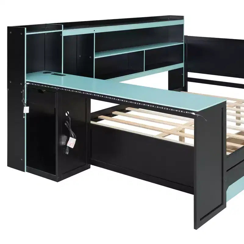 Lit de repos Gamer Hub avec bureau, lumières RGB, station de recharge, tiroirs de rangement et tête de lit bibliothèque