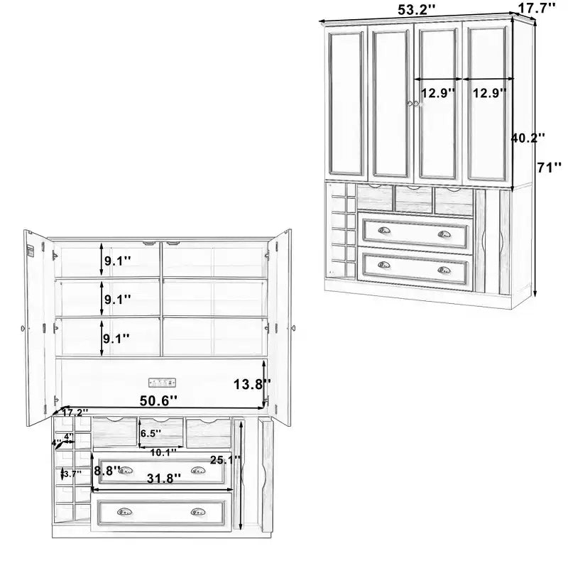 Garde-manger de cuisine autoportant Whisen de 180 cm de haut, grand buffet de salle à manger avec 4 portes pliantes, étagères, porte-bouteilles