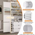 Grand meuble de garde-manger de cuisine avec prises électriques, grand placard autoportant avec support pour micro-ondes, tiroirs, étagères, casiers à vin et étagère de porte