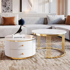 2 tables basses gigognes rondes blanches avec tiroirs