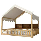 Cadre de lit en bois pleine grandeur Whisen, lit de repos en forme de maison avec clôture, 3 étagères de rangement, rideau