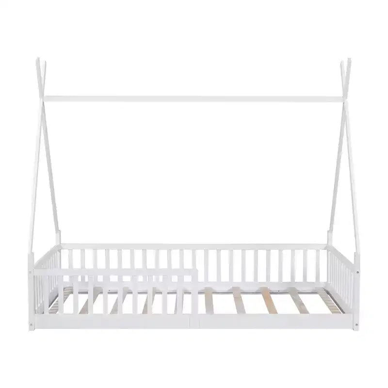 Lit de sol pour enfants, lits cabane doubles, lit de sol Montessori avec lattes et barrières de protection, cadre de lit cabane en bois pour garçons et filles