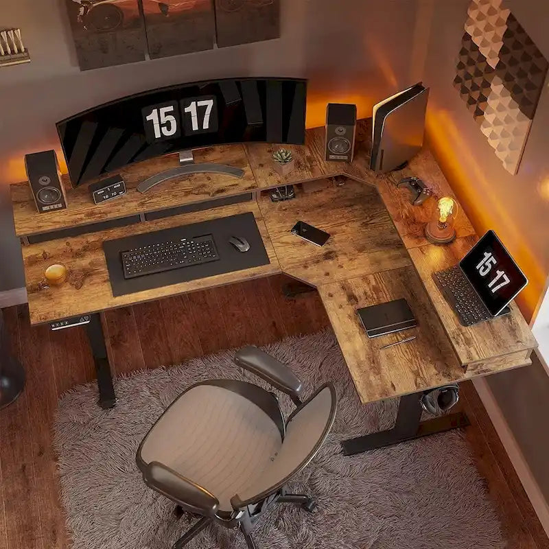Bureau d'angle électrique debout avec 3 tiroirs et roulettes verrouillables, 160