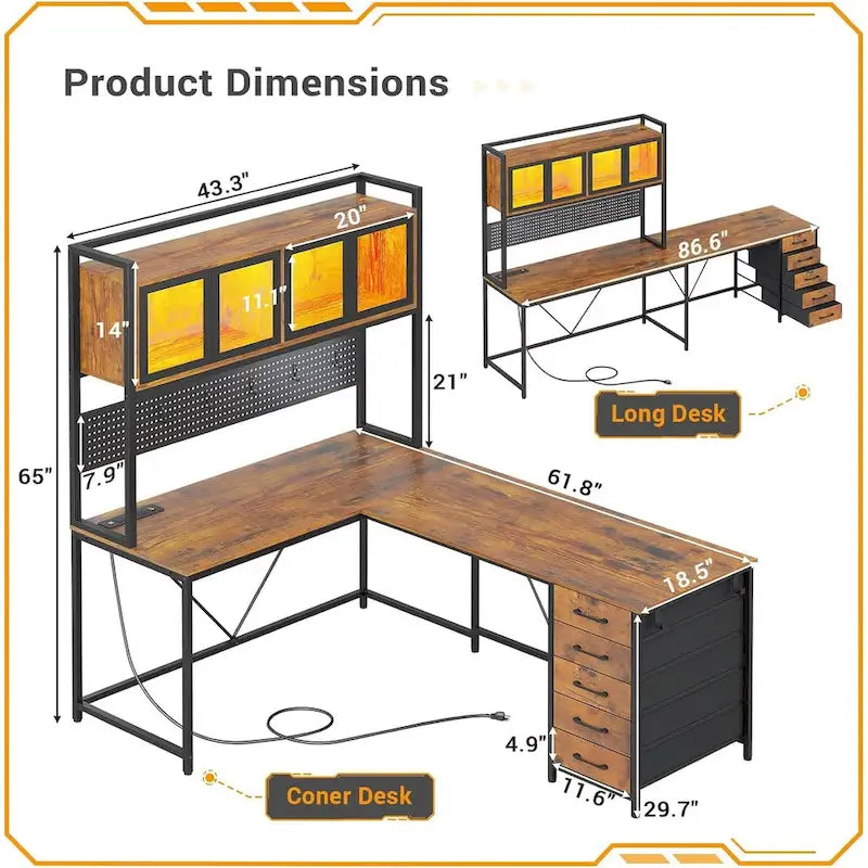 Bureau Gamer en L, Bureau d'Ordinateur avec Panneau Perforé, 5 Tiroirs et Étagère de Rangement
