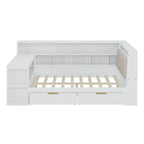 Canapé-lit d'angle en bois en forme de L avec bureau, bibliothèque, lit d'angle avec tiroirs de rangement, tête de lit rembourrée et éclairage intégré