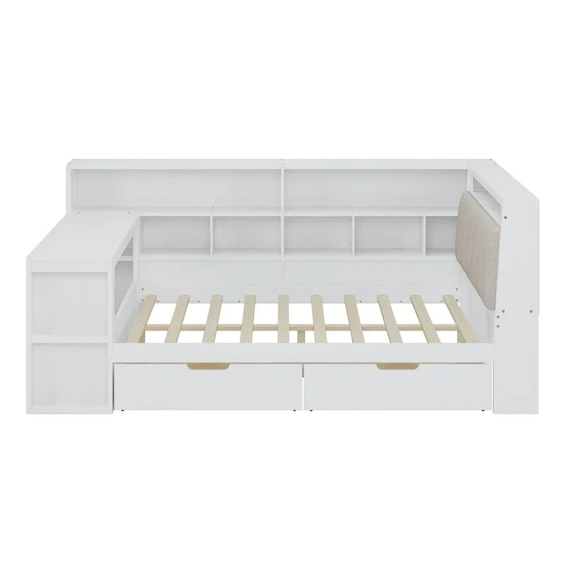 Canapé-lit d'angle en bois en forme de L avec bureau, bibliothèque, lit d'angle avec tiroirs de rangement, tête de lit rembourrée et éclairage intégré