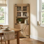 Meuble d'angle haut de 175 cm, Meuble de rangement d'angle style ferme, Rangement peu encombrant, Porte vitrée, Étagères réglables, pour Salon, Cuisine