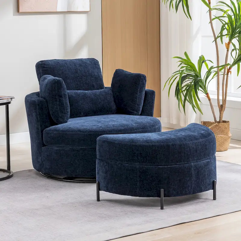 Fauteuil d'appoint pivotant rembourré 42,3 W avec 4 oreillers et pouf de rangement demi-lune
