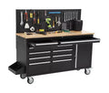 Servante d'atelier roulante et établi de garage 10 tiroirs de 155 cm avec multiprise, plateau en bois d'hévéa massif, capacité de charge de 760 kg, armoire de poste de travail mobile robuste