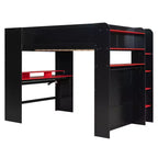 Lit mezzanine double Luxystar avec bureau réglable lumineux, armoire ouverte et bibliothèque