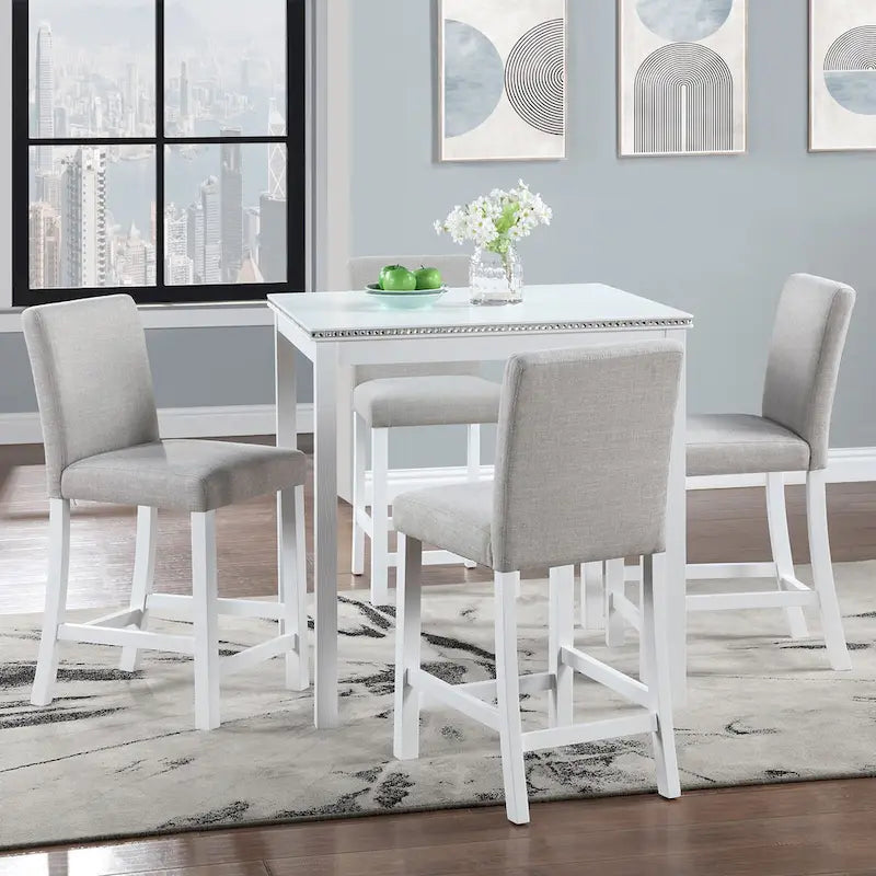 Ensemble de salle à manger moderne 5 pièces avec table carrée hauteur comptoir et 4 chaises rembourrées