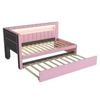 Lit de repos double/complet avec tiroir gigogne et tête de lit bibliothèque en L, lit d'angle doux rembourré en lin avec étagères de rangement et bande LED
