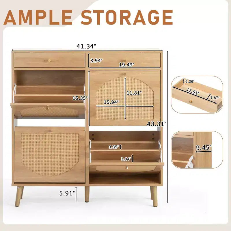 Karl Home Meuble à chaussures en rotin avec 2 tiroirs et 4 compartiments basculants en panneaux de particules 105 cm (L)