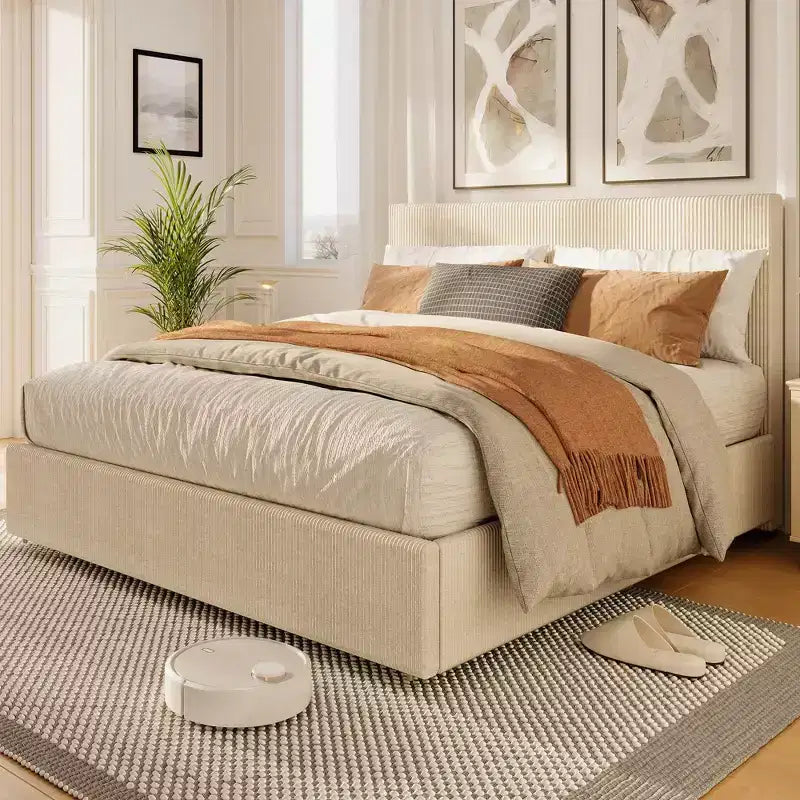 CuisinSmart Cadre de lit en velours côtelé avec tête de lit, cadre de lit rembourré avec plateforme, 4 tiroirs de rangement et support à lattes en bois