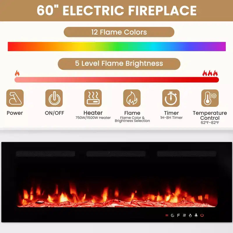 Meuble TV mural EROMMY 112L avec cheminée et lumières LED