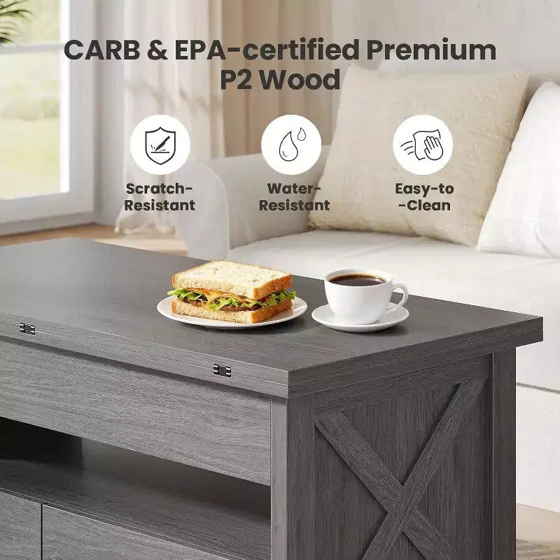 Table basse relevable avec espace de rangement, table basse style ferme, table basse avec deux tiroirs, table basse pour salon et bureau