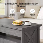 Table basse relevable avec espace de rangement, table basse style ferme, table basse avec deux tiroirs, table basse pour salon et bureau