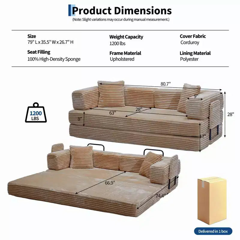 Canapé-lit convertible 5-en-1 80,7 po – Velours côtelé, 544 kg, aucun assemblage