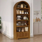 Bibliothèque arquée de 72 po avec tiroir de rangement, armoire de présentation moderne en bois à 6 niveaux avec étagères ouvertes et tiroir inférieur, porte d'armoire incurvée