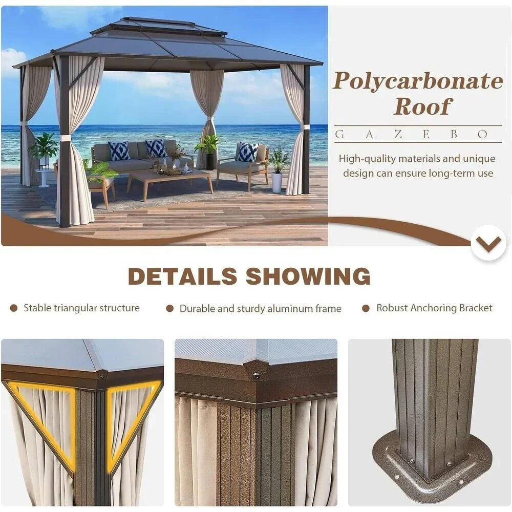 Tonnelle EROMMY à toit rigide, pergola extérieure avec double toit, moustiquaire et rideaux, auvent robuste pour patio, jardin, fête au bord de la piscine