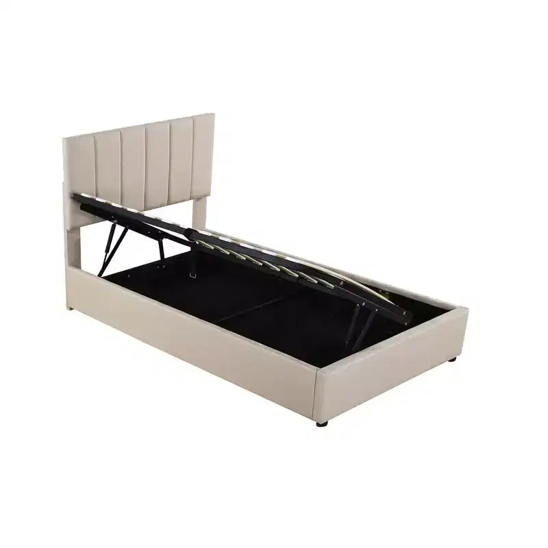 Lit de rangement relevable double Bellemave, lit plateforme tapissé avec système de rangement hydraulique, tête de lit à rayures verticales, beige