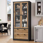 Vaisselier de cuisine de ferme avec portes vitrées, Armoire de rangement de 183 cm avec tiroirs et étagères réglables pour salle à manger, salle de bain, salon