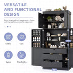 Garde-manger de cuisine autoportant 77H, armoire de rangement de style ferme avec étagères réglables, étagères de porte, tiroirs et casiers à vin - ModernLuxe