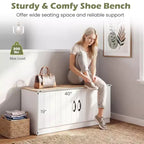 Banc à chaussures 2 portes avec étagères réglables et espace de rangement caché Naturel + Blanc/Blanc