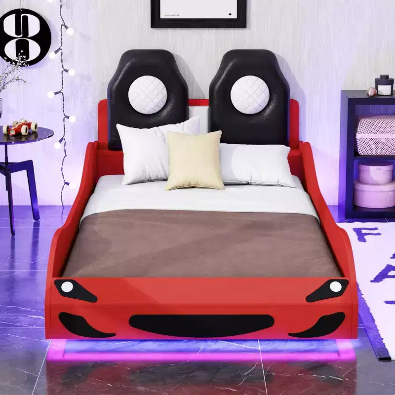 Lit plateforme Whisen Wood en forme de voiture de course, taille double, avec LED et dossier rembourré