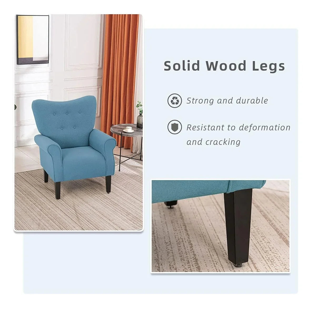 Fauteuil d'appoint moderne Erommy, fauteuil à dossier haut, canapé simple en tissu rembourré avec boutons et pieds en bois pour salon