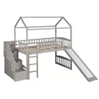 Lit mezzanine jumeau avec toboggan et escalier, lit mezzanine avec tiroirs de rangement, lit mezzanine cabane en bois pour enfants et tout-petits