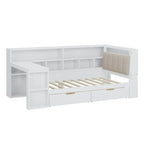 Canapé-lit d'angle en bois en forme de L avec bureau, bibliothèque, lit d'angle avec tiroirs de rangement, tête de lit rembourrée et éclairage intégré