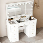 Coiffeuse avec miroir triptyque éclairage certifié et plateau en verre