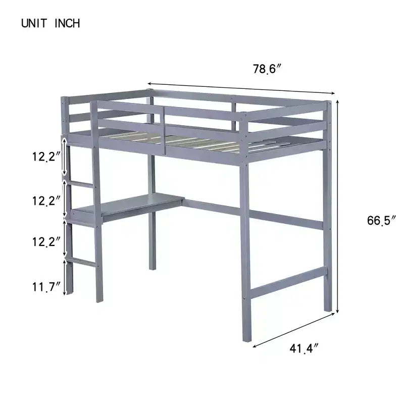 Lit mezzanine Okak Minimalism avec échelle, lit mezzanine simple en bois d'hévéa avec garde-corps de sécurité et bureau intégré, cadres de lit pour enfants, adolescents