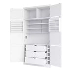 Grand meuble de garde-manger de cuisine avec prises électriques, grand placard autoportant avec support pour micro-ondes, tiroirs, étagères, casiers à vin et étagère de porte