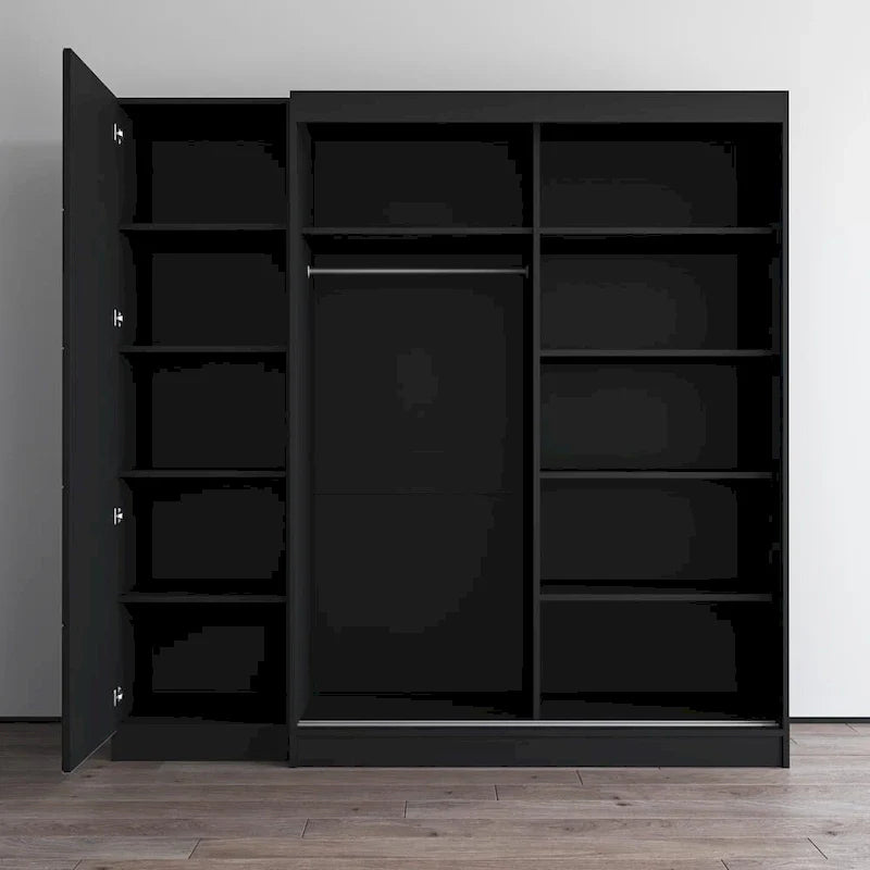 Armoire 2 portes avec miroir, façade vitrée, 2 personnes (Gris / Noir / Blanc)