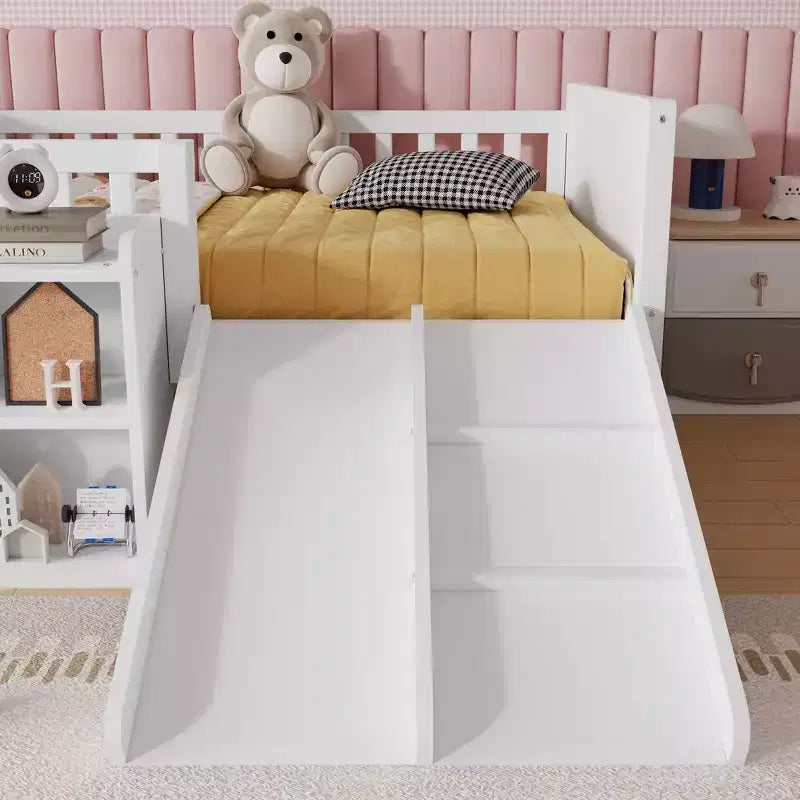 Lit superposé simple Whisen pour enfant avec toboggan, étagère de rangement mobile, balustrades, cadre de lit mezzanine bas