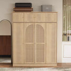 Armoire penderie grande capacité à 8 portes de 180 cm de haut avec tringle, étagères réglables et portes décoratives en rotin
