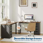 Bureau d'ordinateur de 119 cm avec 5 tiroirs de rangement, table d'étude/d'écriture réversible de style rustique moderne, poste de travail de bureau à domicile pour petits espaces