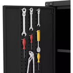 Armoire de rangement de garage avec roues et panneau perforé, armoire de rangement métallique verrouillable de 72 po de hauteur avec 2 portes et 4 étagères réglables pour atelier de garage