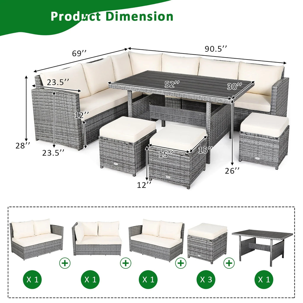 Ensemble de salle à manger Costway 7 pièces en rotin pour terrasse, canapé sectionnel et pouf - Voir détails
