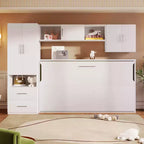 Lit escamotable mural simple, cadre de lit escamotable en bois avec armoire intégrée, tiroirs de rangement et étagères ouvertes, blanc - ModernLuxe