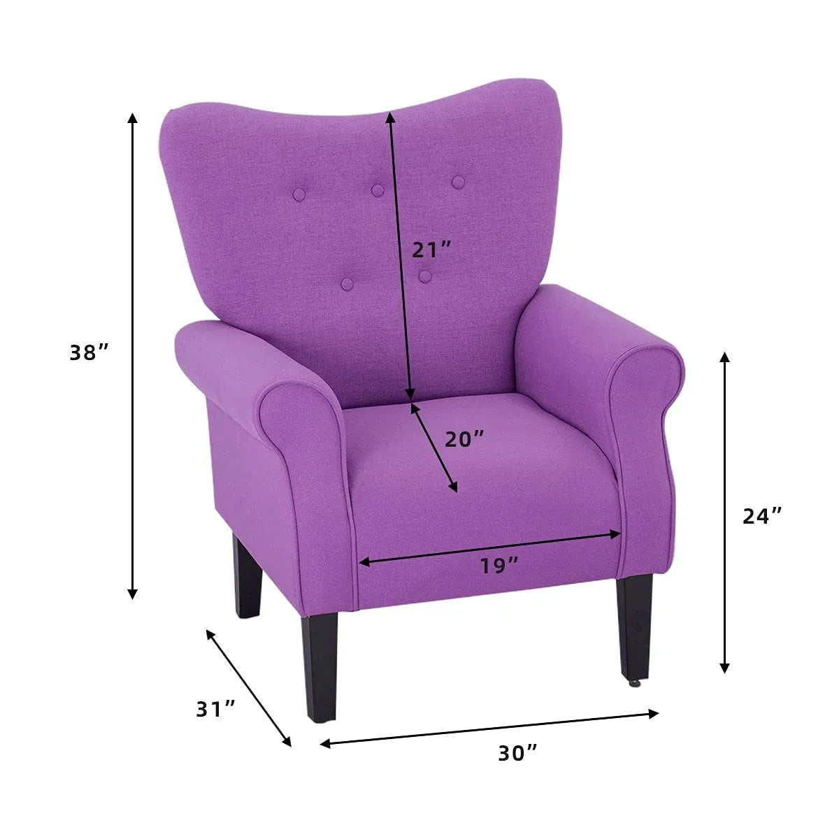 Fauteuil d'appoint moderne Erommy, fauteuil à dossier haut, canapé simple en tissu rembourré avec boutons et pieds en bois pour salon