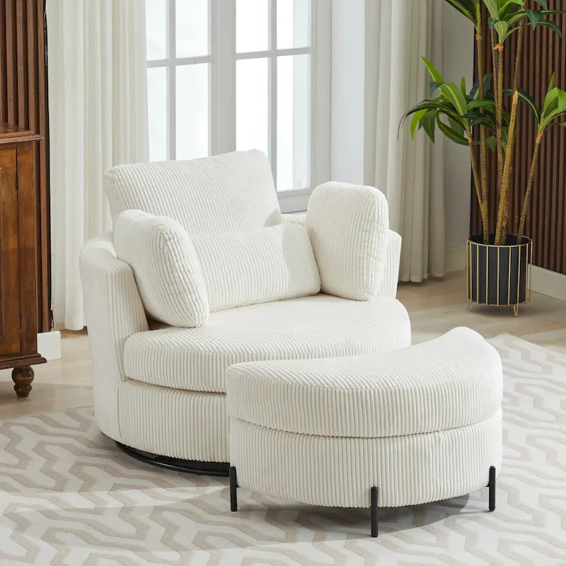 Fauteuil d'appoint pivotant rembourré 42,3 W avec 4 oreillers et pouf de rangement demi-lune