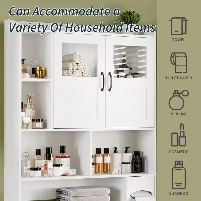 Meuble de rangement pour toilettes – Organisateur de salle de bain de style ferme de 171 cm de haut avec étagère réglable et porte en verre pour salle de bain, buanderie