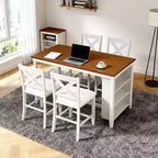 Ensemble table et chaises Homy Casa 5 pièces hauteur comptoir avec étagères de rangement, blanc et noyer, style ferme moderne