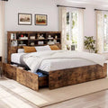 Cadre de lit complet avec tête de lit de rangement, cadre de lit en bois avec 4 tiroirs, bibliothèque de rangement et lit plateforme King Size avec support métallique robuste