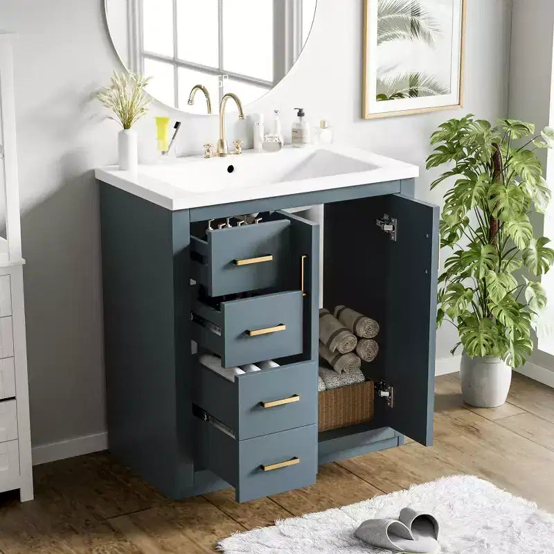 Meuble-lavabo simple de 76 cm avec armoire et 3 tiroirs – Noir / Bleu / Vert / Indigo / Blanc