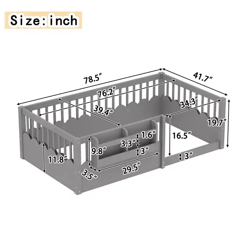 Lit d'enfant Bellemave avec clôture rehaussée et étagère, cadre de lit Montessori double en bois pour filles et garçons