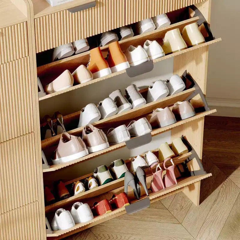 Meuble à chaussures moderne blanc avec 3 tiroirs basculants et 2 petits tiroirs et crochet, organiseur de rangement à chaussures fin cannelé, meuble d'entrée étroit